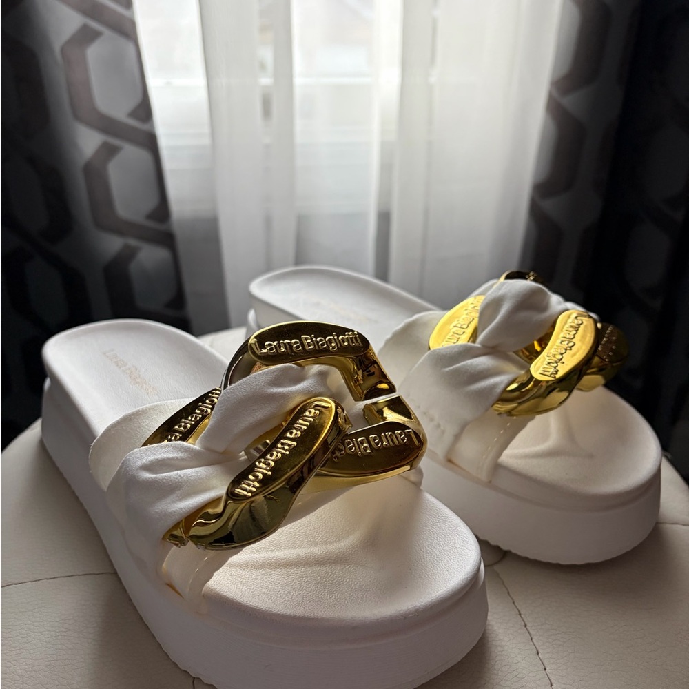 White and Gold Women's Slide Sandals